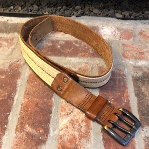 Leather and jute 2” wide belt. Buckle is 2.5”x2” with double prongs. Length 40”.